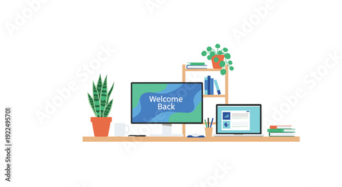 A modern office desk features a monitor displaying Welcome Back next to a laptop with an analytical graph, surrounded by plants and books.