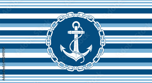 Nautical background design featuring horizontal stripes of various shades of blue with a central white anchor enclosed by a circular metal chain.