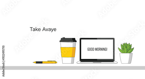 Laptop displaying Good Morning!, a takeaway coffee cup, a pen, and a succulent plant on a desk.