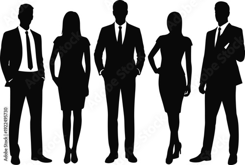 Business team silhouettes, men and women professionals standing confident corporate isolated black human figures