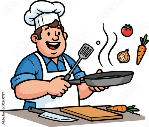 Happy cartoon chef cooking vegetables in kitchen, smiling man wearing apron and hat holding frying pan with carrot tomato onion