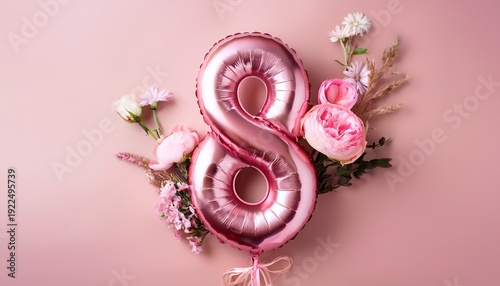 Women's day concept. Pink baloon in shape of number 8 on pale pink background with bunch of flowers