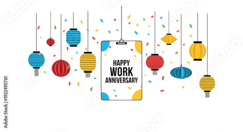 Happy Work Anniversary sign hanging amidst colorful lanterns and falling confetti on a white background.