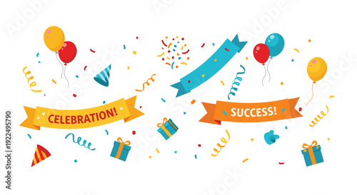 Festive elements with Celebration! and Success! banners, balloons, confetti, and scattered gift boxes.