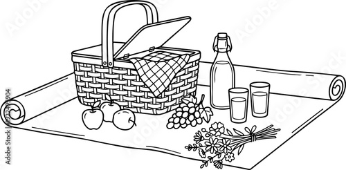 Black and white line art vector illustration of a summer outdoor picnic concept featuring a woven basket, picnic blanket, apples, grapes, bottle, glasses, and a bouquet of wildflowers