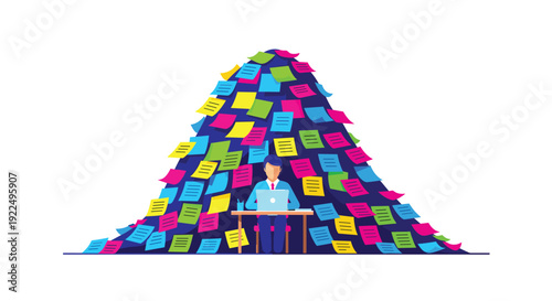 A diligent businessman works on a laptop at his desk, overwhelmed by a towering mountain of sticky notes.