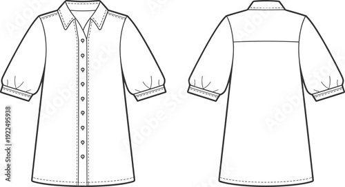 Button down shirt dress technical flat sketch with short sleeves collar and front back views