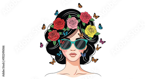 Young woman wearing stylish sunglasses, her dark hair adorned with bright roses and surrounded by flying butterflies.