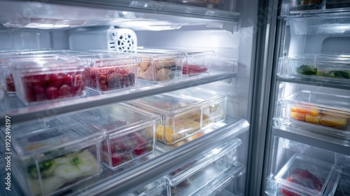 Organized Refrigerator Interior with Fresh Food in Clear Plastic Storage Containers