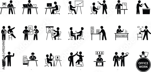 Business activity icons set, office workflow tasks meeting teamwork communication isolated black pictogram collection