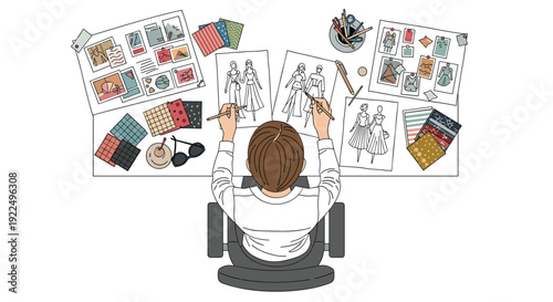 Overhead view of a female designer drawing fashion illustrations at a desk covered with clothing sketches and colorful fabric samples.