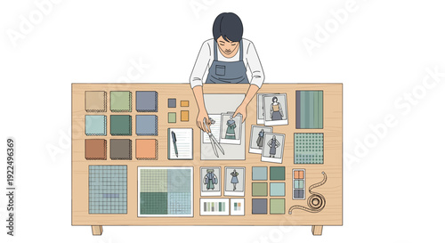 Overhead view of a female designer at a wooden table cutting fabric swatches and arranging garment sketches for a fashion collection.