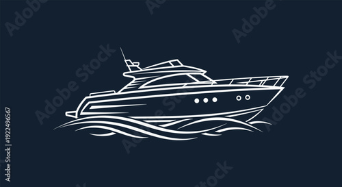 White line art drawing of a sleek modern motor yacht sailing on stylized waves against a solid dark blue background representing luxury travel.