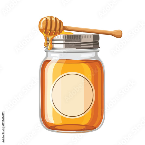Healthy Natural Honey in Glass Jar with Wooden Honey Dipper for Cooking and Food Products