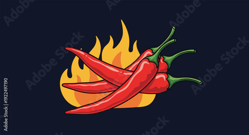 Group of three bright red chili peppers depicted in front of a roaring orange and yellow flame against a dark background symbolizing extreme heat.