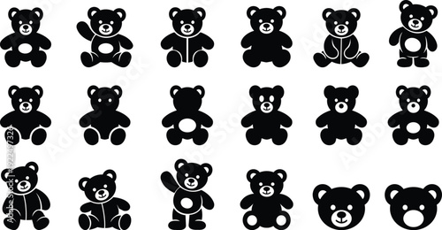 Black teddy bear vector set collection group with cute toy silhouette and outline icons, baby nursery plush mascot symbol isolated on transparent background, editable minimalist design