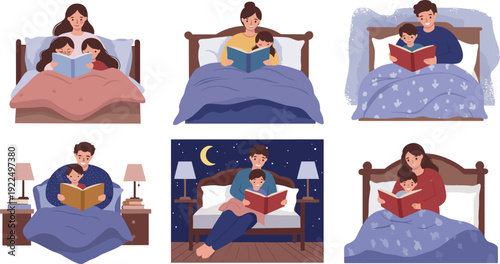Parents reading bedtime stories to children, family bonding, cozy night routine, parenting, kids' education, and relaxing evening home illustration.