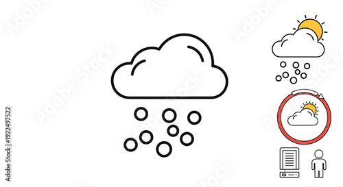 Simple weather icon of a cloud with falling hail or snow pellets shown in a minimalist line art style on a white background.