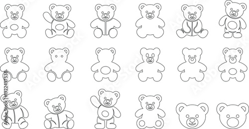 Black teddy bear vector set collection group with cute toy silhouette and outline icons, baby nursery plush mascot symbol isolated on transparent background, editable minimalist design