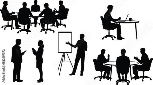 Business meeting silhouettes set, professionals discussing, presenting, and working in office teamwork concepts illustration
