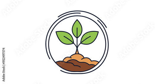 Young green plant seedling sprouting from soil inside a thin circular frame representing growth, nature, and ecology.
