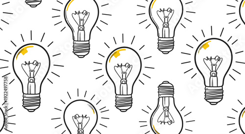 Seamless pattern of hand-drawn light bulbs with a yellow glow representing ideas, creativity, and new innovation.