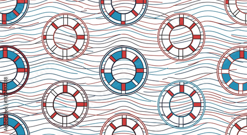 Seamless pattern of nautical lifebuoy rings floating on a sea of wavy red and blue thin horizontal wavy lines.