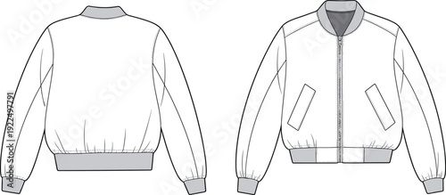 Bomber jacket technical flat sketch with front and back views, ribbed collar cuffs waistband