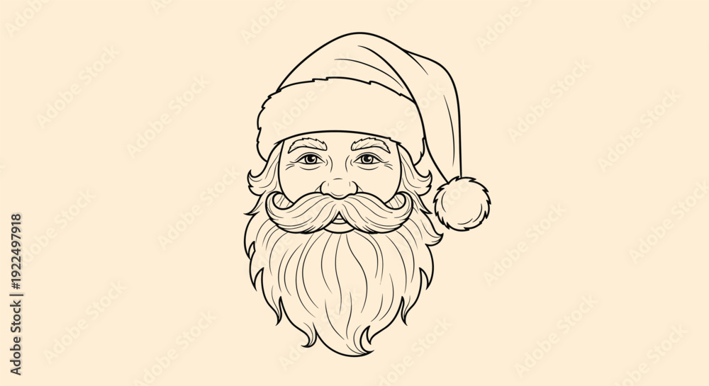Obraz premium Detailed line art drawing of a friendly Santa Claus face with a thick beard and traditional red holiday hat.