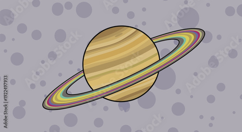 Cartoon illustration of the planet Saturn with colorful rings in a purple space filled with many distant spots.