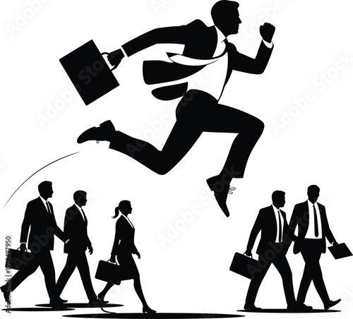 Ambitious businessman jumping ahead of crowd, leadership success and career growth concept with dynamic silhouette