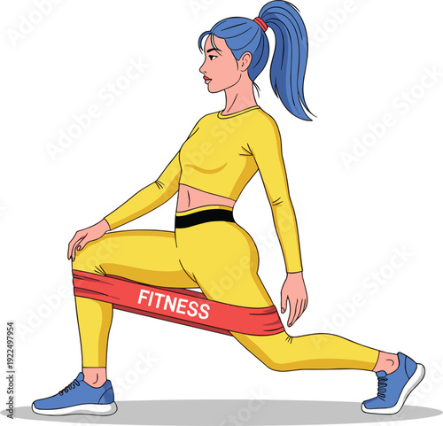 Woman Performing Resistance Band Forward Lunge Exercise for Lower Body Strength Home Workout Fitness Training Routine with Elastic Band Vector Illustration