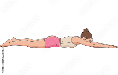 Woman Performing Prone Superman Stretch Exercise for Core Strength Back Flexibility and Body Stability Home Workout Fitness Training Routine Vector Illustration