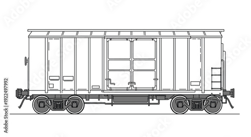 Detailed technical line drawing of a freight train cargo wagon used for transporting goods over long distances.