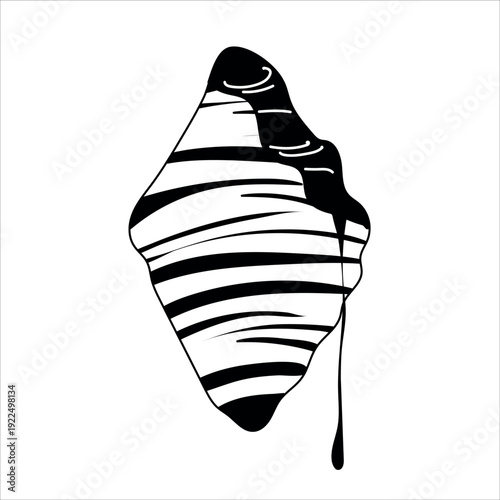 Black and white sketch of a sweet croissant with dripping melted chocolate. Line art illustration.