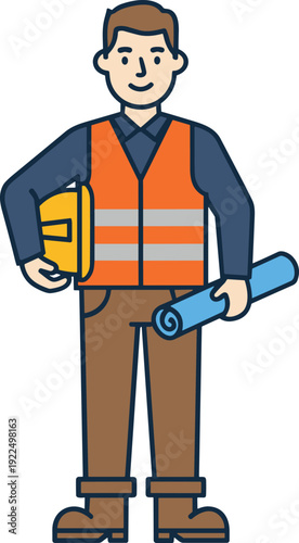 Wallpaper Mural Smiling Construction Worker Holding Rolled Blueprints and Yellow Hard Hat Wearing Safety Reflective Vest Flat Vector Illustration for Industrial Design Torontodigital.ca