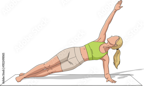 Woman Performing Side Plank Yoga Pose with Arm Raised for Core Strength Balance Stability Home Workout Fitness Training Routine Vector Illustration