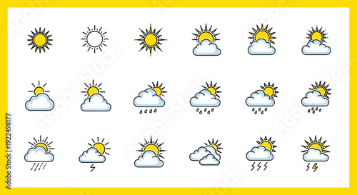 Set of fifteen various weather icons showing sun, clouds, rain, lightning, and snow in a bright yellow frame box.