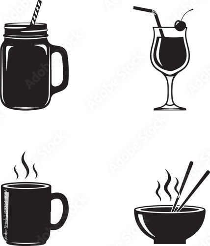 Black silhouette of a mason jar with straw a cocktail glass with cherry a coffee mug and a bowl of noodles with chopsticks