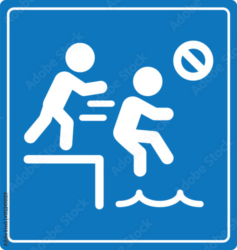 Blue water safety sign with white pictogram prohibiting pushing someone into the water