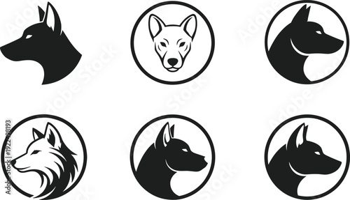 Black silhouette collection of dog and wolf head icons in circular frames, isolated canine mascot vector illustrations for logo branding and animal themed design.