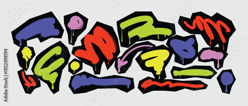 Graffiti spray paint with effect splatters clip art. Strokes with loops, bold brush drawn underlines, and blots. Vector graffiti aerosol dots. Hand drawn street art elements.