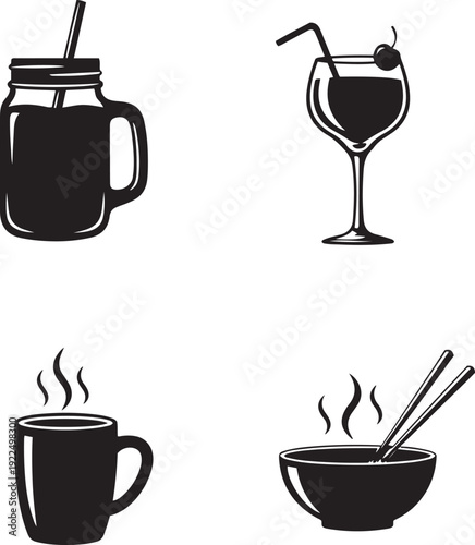 Four black silhouette of drinks and food including a mason jar drink a cocktail a coffee mug and a bowl of noodles with chopsticks