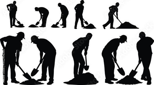Construction worker digging soil silhouettes set, builders shoveling earth isolated black shadow figures collection