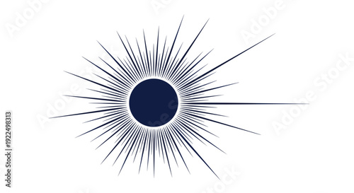 Abstract dark blue sun or starburst design with many thin rays of different lengths on a plain white background.