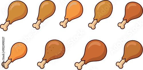 Fried chicken drumstick cartoon icon set flat vector collection of tasty meat food isolated on light background