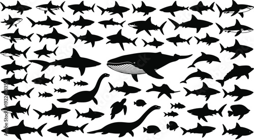 Black silhouette collection of marine life featuring sharks whales dolphins and prehistoric sea monsters, isolated aquatic vector icons for ocean wildlife and underwater design projects.