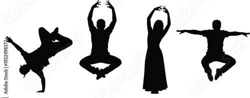 Collection of energetic dancer silhouettes featuring breakdance, ballet, and hip hop poses for music, fitness, and artistic performance designs.