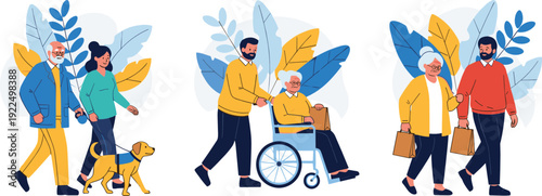 Young Caregiver Assisting Senior People Walking with Dog and Wheelchair Support Vector Illustration Set