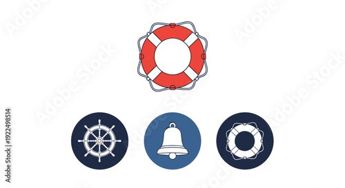 Set of nautical elements includes a red and white lifebuoy, a ship steering wheel, and a brass bell for maritime designs and themes.